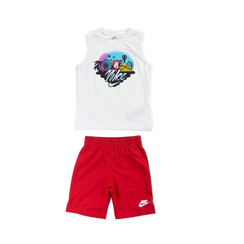 Completo Bambino Nike Sportswear Set Canotta Shorts Bianco Rosso 86K897U10